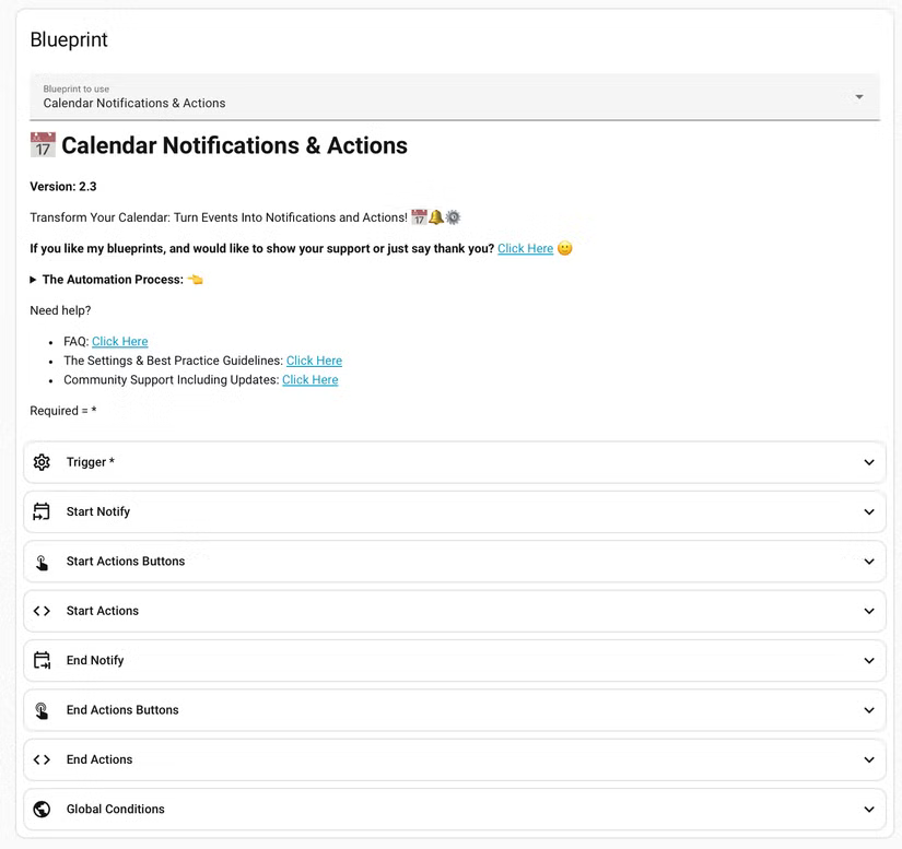 Le modèle de notifications et d’actions du calendrier dans Home Assistant.