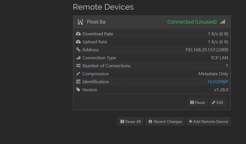 Application Web de synchronisation montrant qu'elle est connectée à un autre appareil.