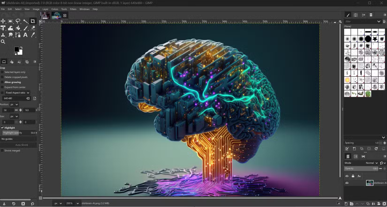 Une capture d'écran de l'application de retouche photo open source appelée GIMP avec une image d'un cerveau composé de pièces d'ordinateur.
