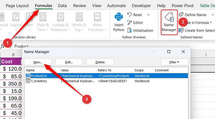 Le gestionnaire de noms d'Excel est ouvert via l'onglet Formule du ruban et Nouveau est sélectionné dans la boîte de dialogue.