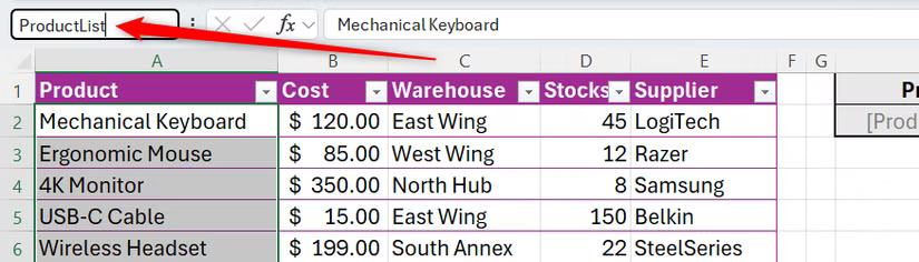 La colonne A d'un tableau Excel reçoit un nom de plage ProductList dans la zone de nom.