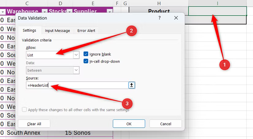 La plage nommée HeaderList est saisie dans le champ Source de la boîte de dialogue Validation des données d'Excel.