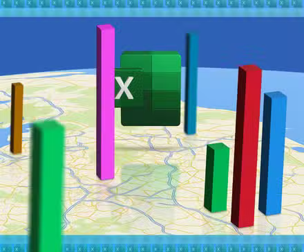 Une carte avec des barres verticales représentant des données géographiques et le logo Excel au centre.
