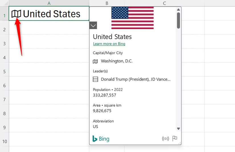 Une carte de données liée à un jeton de valeur pour les États-Unis dans Microsoft Excel.