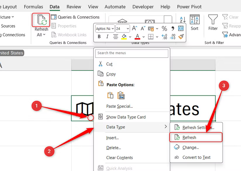Les options Actualiser tout et les données individuelles dans Microsoft Excel.