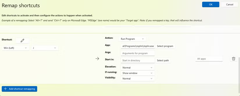 Reliez Windows+J pour ouvrir Joplin.