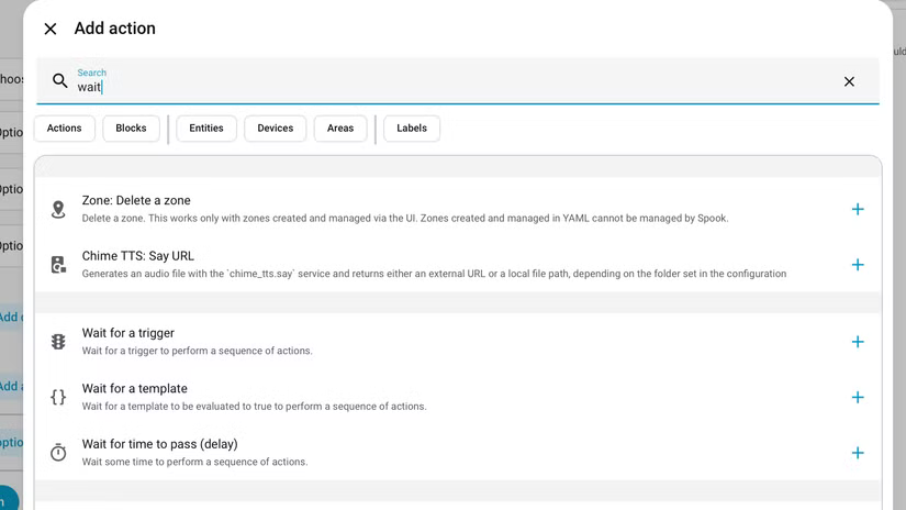 Les actions d'attente dans l'éditeur d'automatisation de Home Assistant.