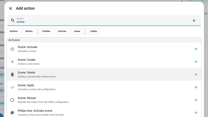 Les actions scene.create et scene.activate dans l'éditeur d'automatisation de Home Assistant.