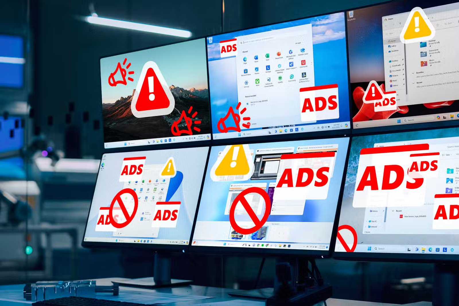 Une salle de contrôle surveillant plusieurs écrans Windows 11 avec des publicités intrusives.