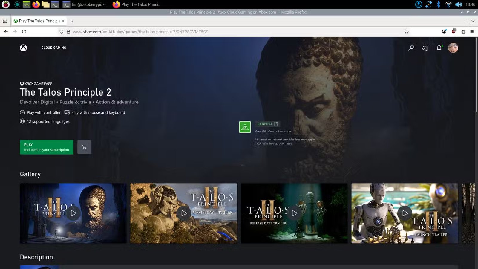 Jeu cloud Game Pass dans Firefox sur Raspberry Pi OS.