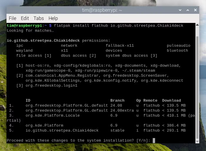 Installation de Chiaki-ng via Flathub sur Raspberry Pi OS.