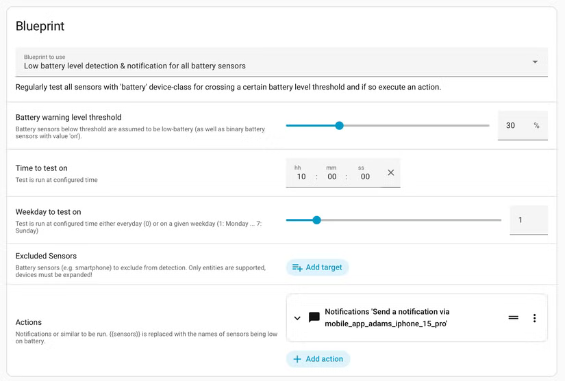 Le modèle de détection et de notification du niveau de batterie faible pour tous les capteurs de batterie dans Home Assistant.