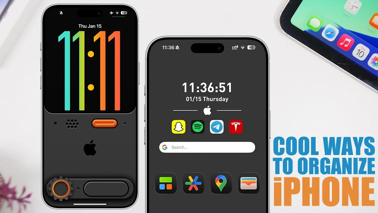 Disposition iPhone minimaliste avec un design épuré et un fond d'écran subtil