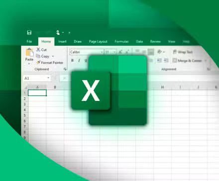 Une feuille de calcul Excel en arrière-plan avec le logo Excel devant. 