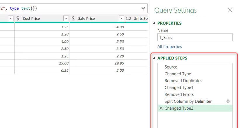 Le volet Étapes appliquées dans l’éditeur Power Query d’Excel.