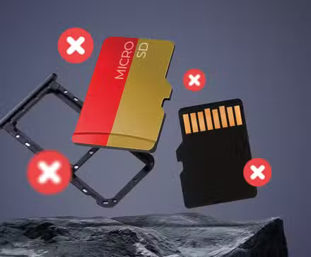 Illustration de cartes microSD et d'un plateau SIM surmonté de symboles X rouges.