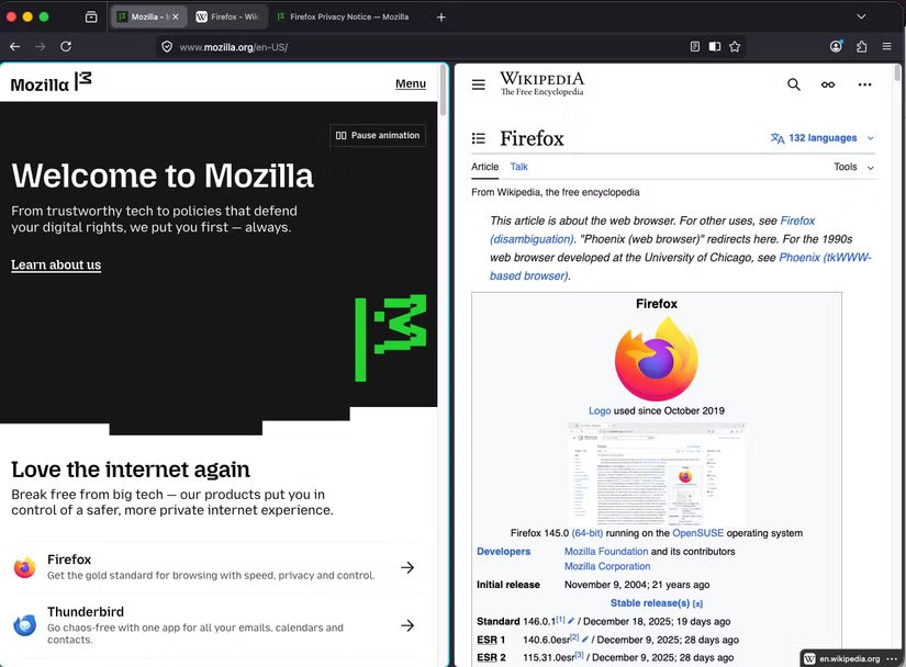Capture d'écran du mode d'affichage partagé de Firefox
