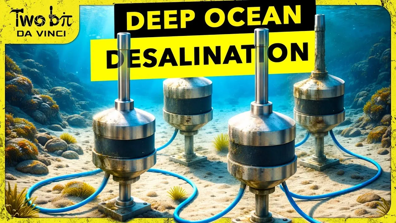 Schéma du pod Oceanwell à 400 à 600 mètres utilisant la pression ambiante pour pousser l'eau de mer à travers les membranes RO.