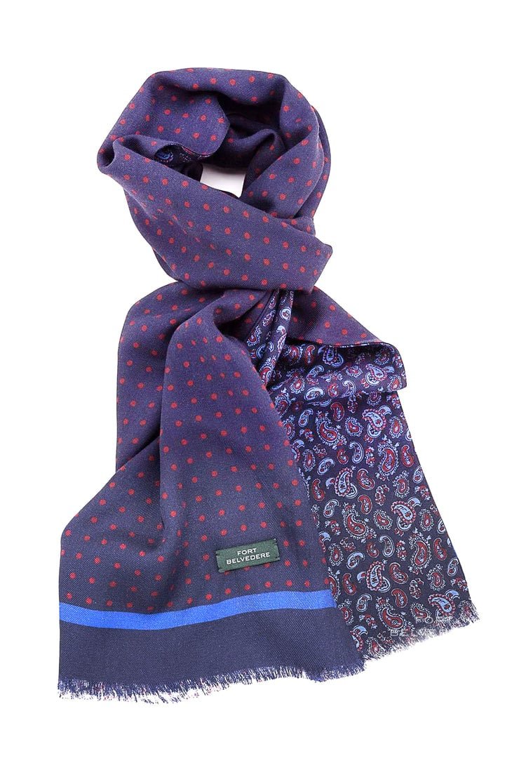 Écharpe Réversible Bleu Marine à Pois et Paisley