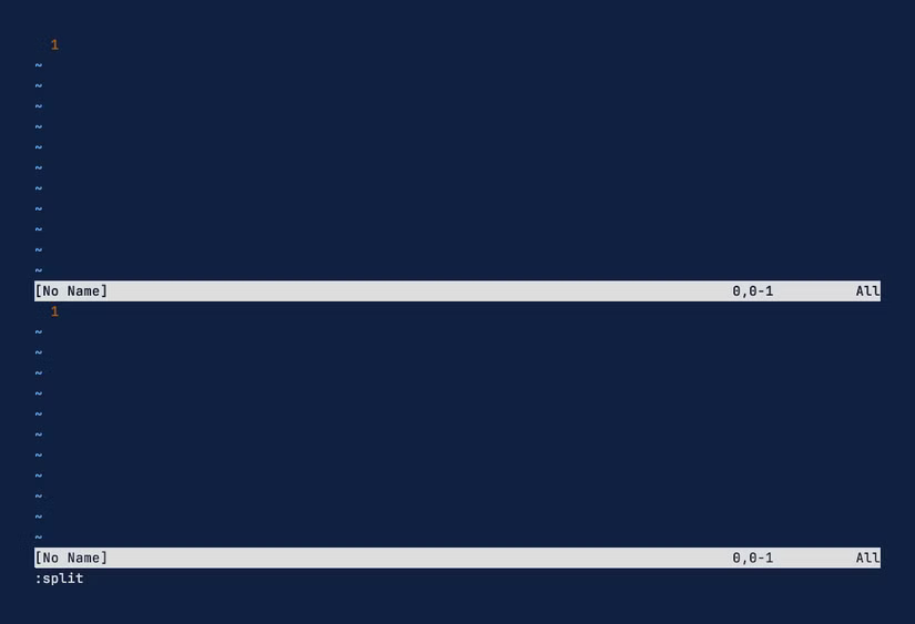 Vim montrant l'effet de la commande :split avec deux fenêtres superposées, chacune affichant une barre d'état.