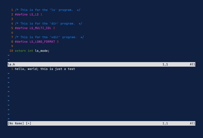 Vim affichant deux fenêtres divisées avec le tampon supérieur contenant un fichier nommé ls.h et le tampon inférieur affichant un nouveau fichier sans nom.