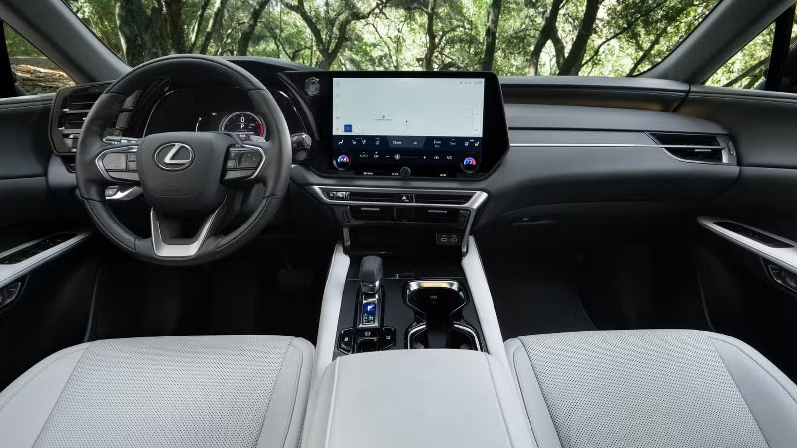 Plan du tableau de bord et des sièges avant de l'habitacle d'un Lexus RX 350 Premium 2026.