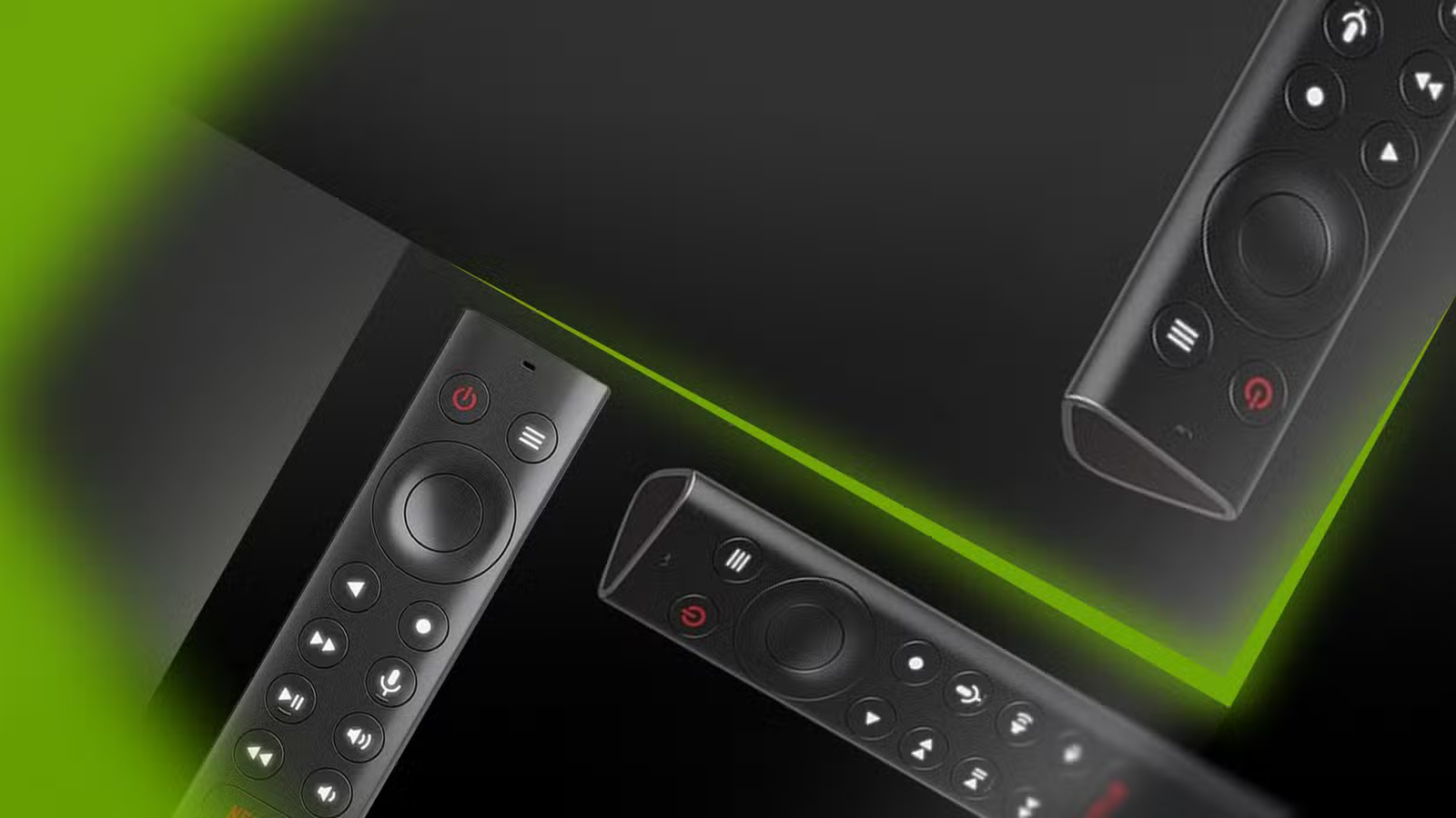 Trois télécommandes en streaming sur un fond sombre avec un bord vert brillant. (1)