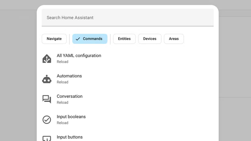 Le filtre Commandes dans la barre de recherche rapide de Home Assistant.