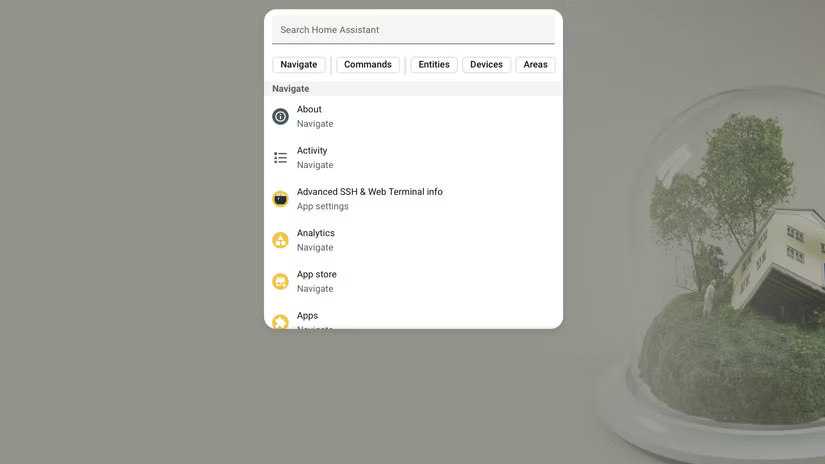 La barre de recherche rapide de Home Assistant s'est ouverte sur un tableau de bord en mode kiosque.