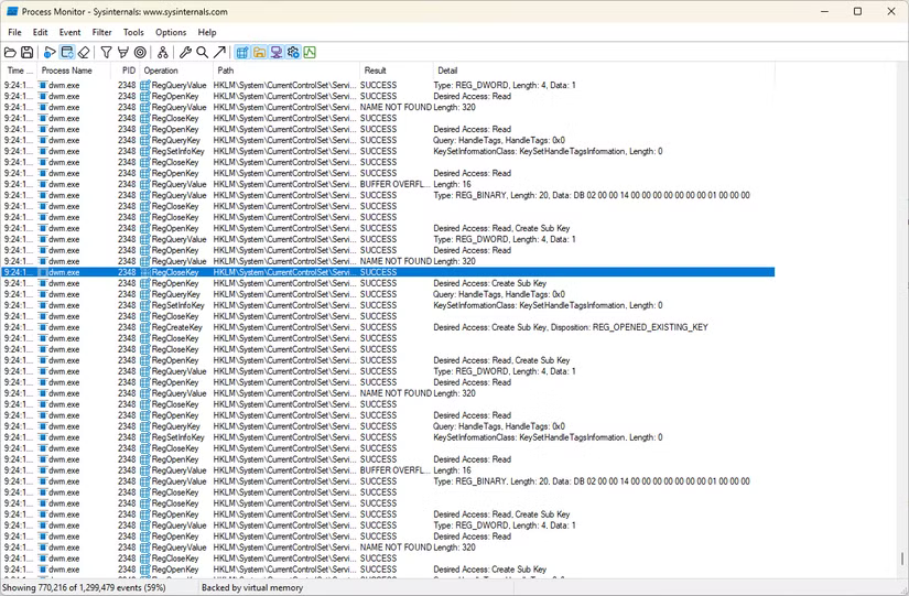 Process Monitor montrant ce que fait dwm.exe.