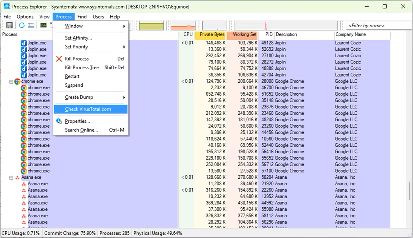 Vérification d'un processus sur VirusTotal.