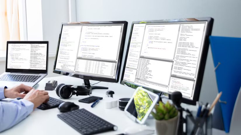 Deux moniteurs installés à côté d'un ordinateur portable sur un bureau d'ordinateur personnel.