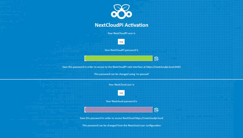 La page de destination de NextCloudPi.