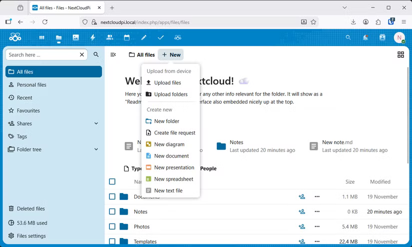 Création d'un nouveau document dans Nextcloud.