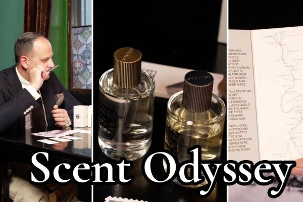 Trois images relatives à la production de parfums exotiques. Le texte lit, "Odyssée des senteurs."