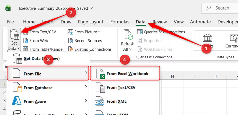À partir du classeur Excel est sélectionné dans le menu À partir du fichier de la liste déroulante Obtenir des données dans Excel.