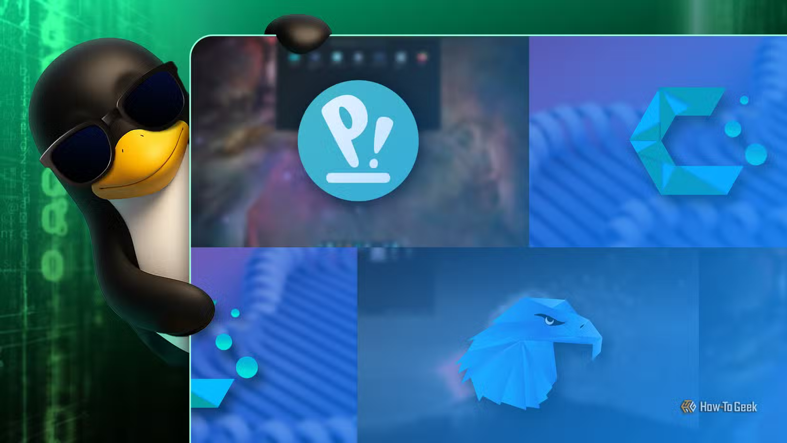 Tux, la mascotte Linux, portant des lunettes de soleil à côté d'un écran présentant différentes distributions Linux.