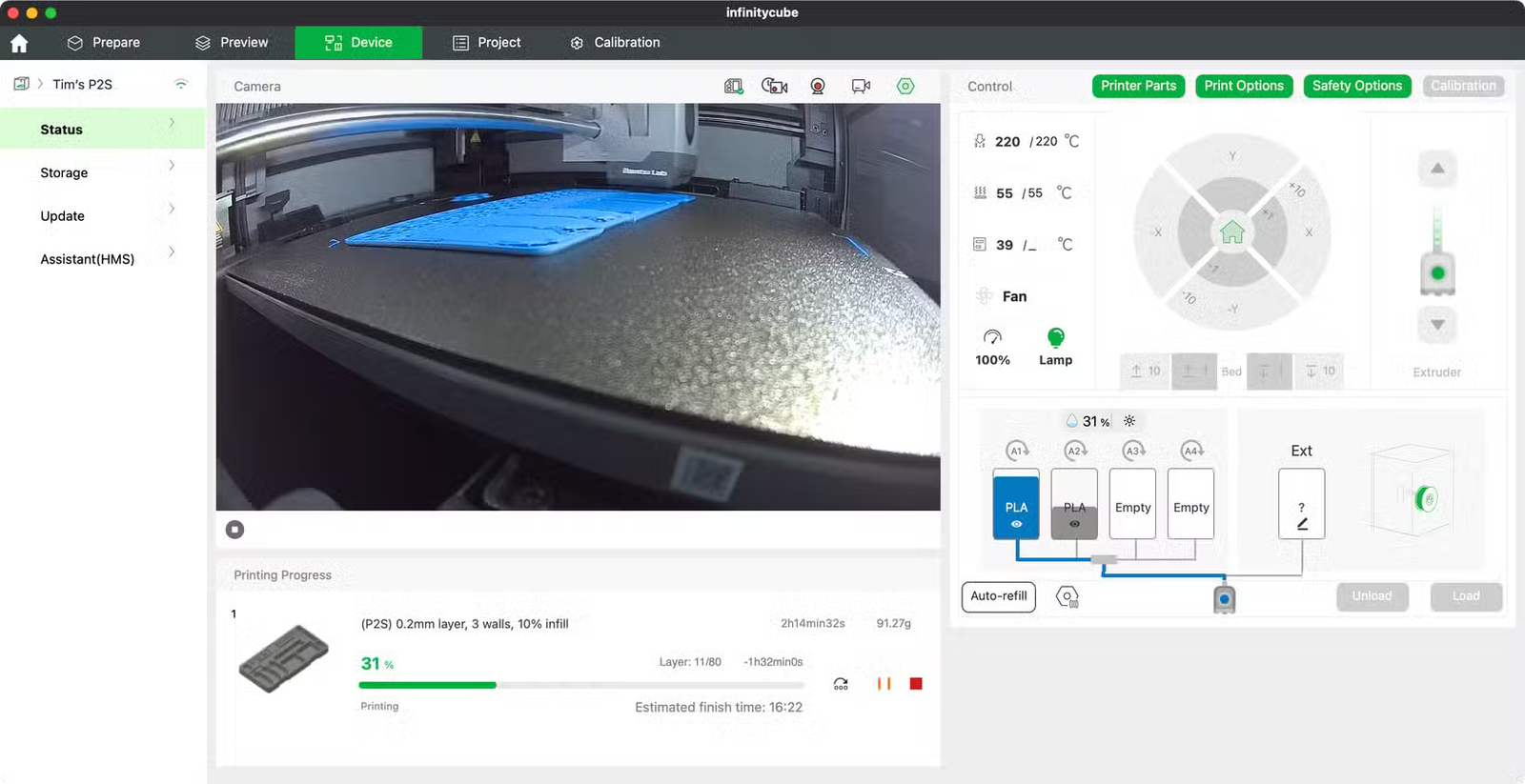 Bambu Studio montrant un flux provenant d'une imprimante 3D P2S lors d'une impression.