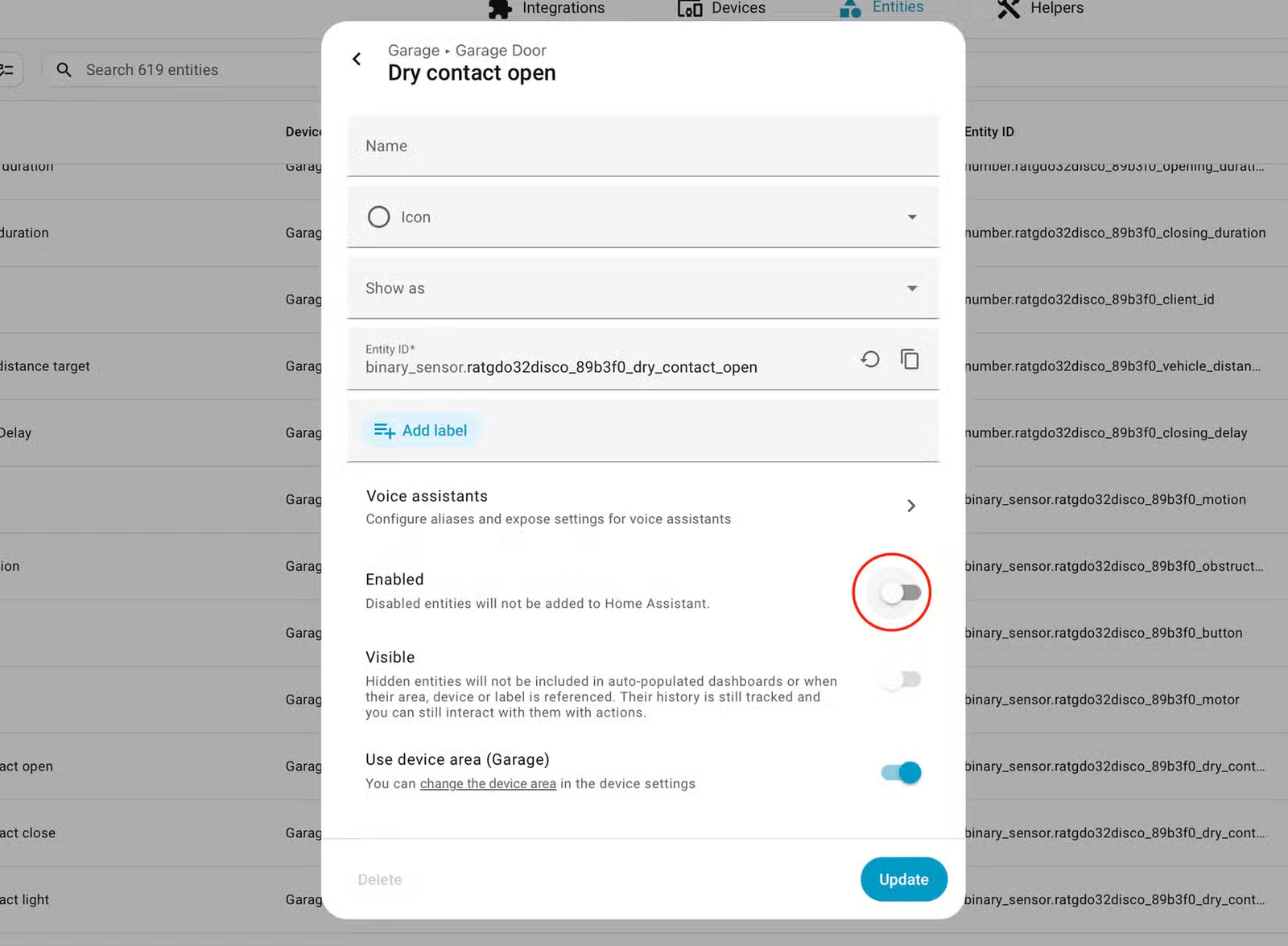 Désactivation d'une entité individuelle dans Home Assistant.