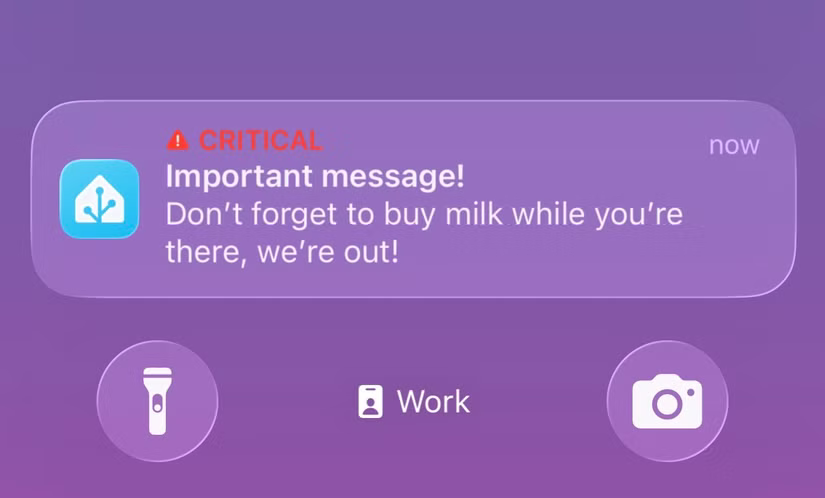 Une alerte critique sur un iPhone envoyée depuis Home Assistant avec un message pour ne pas oublier d'acheter du lait.