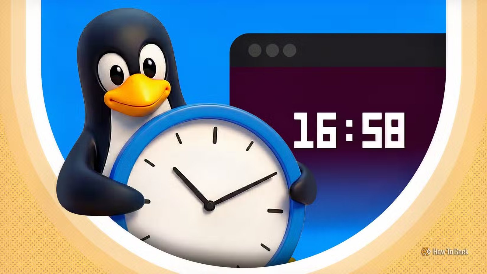 La mascotte Linux Tux tient une grande horloge à côté d'une fenêtre de terminal affichant l'heure numérique.