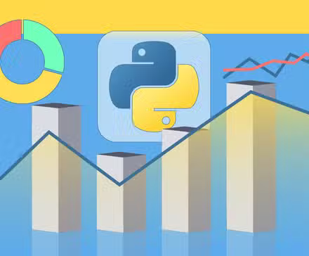 Illustration stylisée comportant le logo Python entouré de graphiques à barres, d'un diagramme circulaire et de graphiques linéaires.