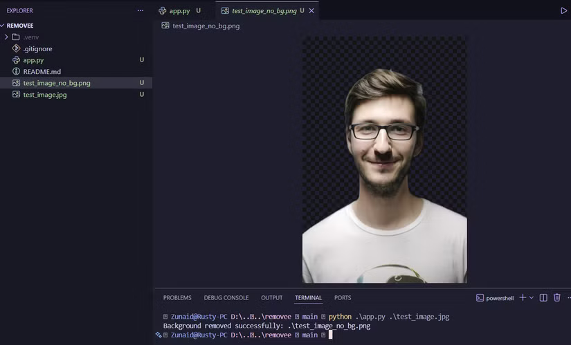 Programme de suppression d'arrière-plan Python avec prise en charge des entrées utilisateur pour les noms de fichiers.