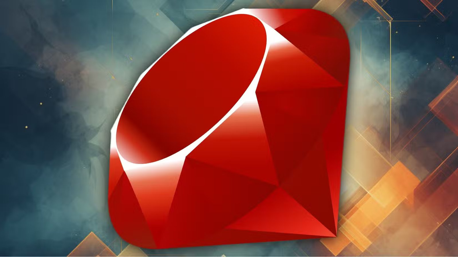 Le logo Ruby sur fond hexagonal avec orange bleu et rouge
