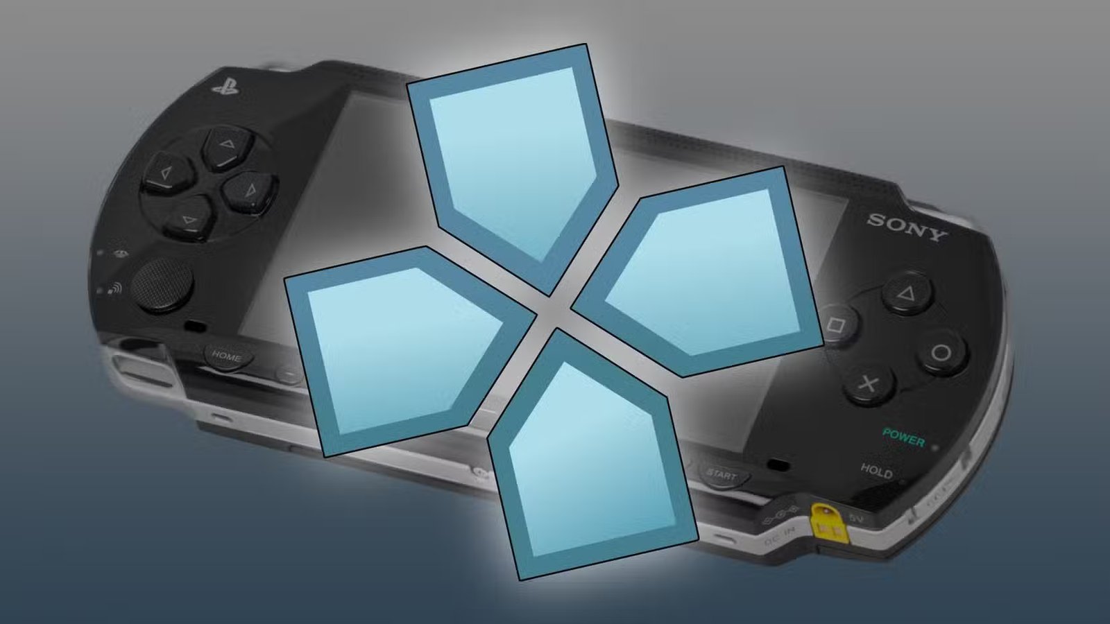 Icône PPSSPP au-dessus d'une console PlayStation Portable.
