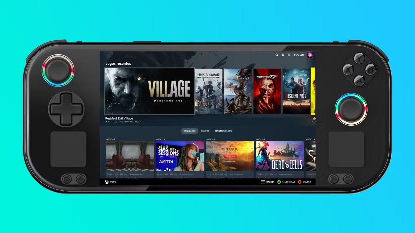 Ordinateur de poche OrangePi Neo avec un menu de sélection de jeux.