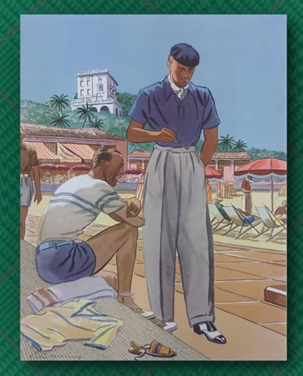 Illustration De Plage De Foulard En Soie Pour Hommes Illustration d'un homme en pantalon taille haute et mocassins portant un foulard en soie au cou à côté d'une promenade sur la plage
