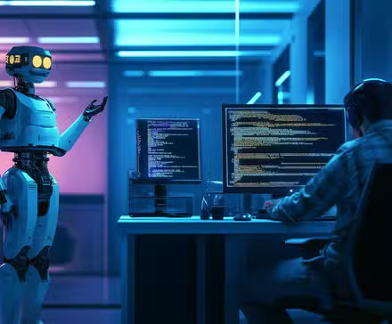 Un robot dicte un code informatique à un être humain assis devant un ordinateur.