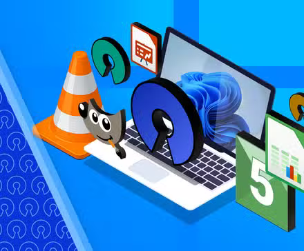 Illustration d'un ordinateur portable Windows 11 et des logos de certaines applications open source qui l'entourent.-1