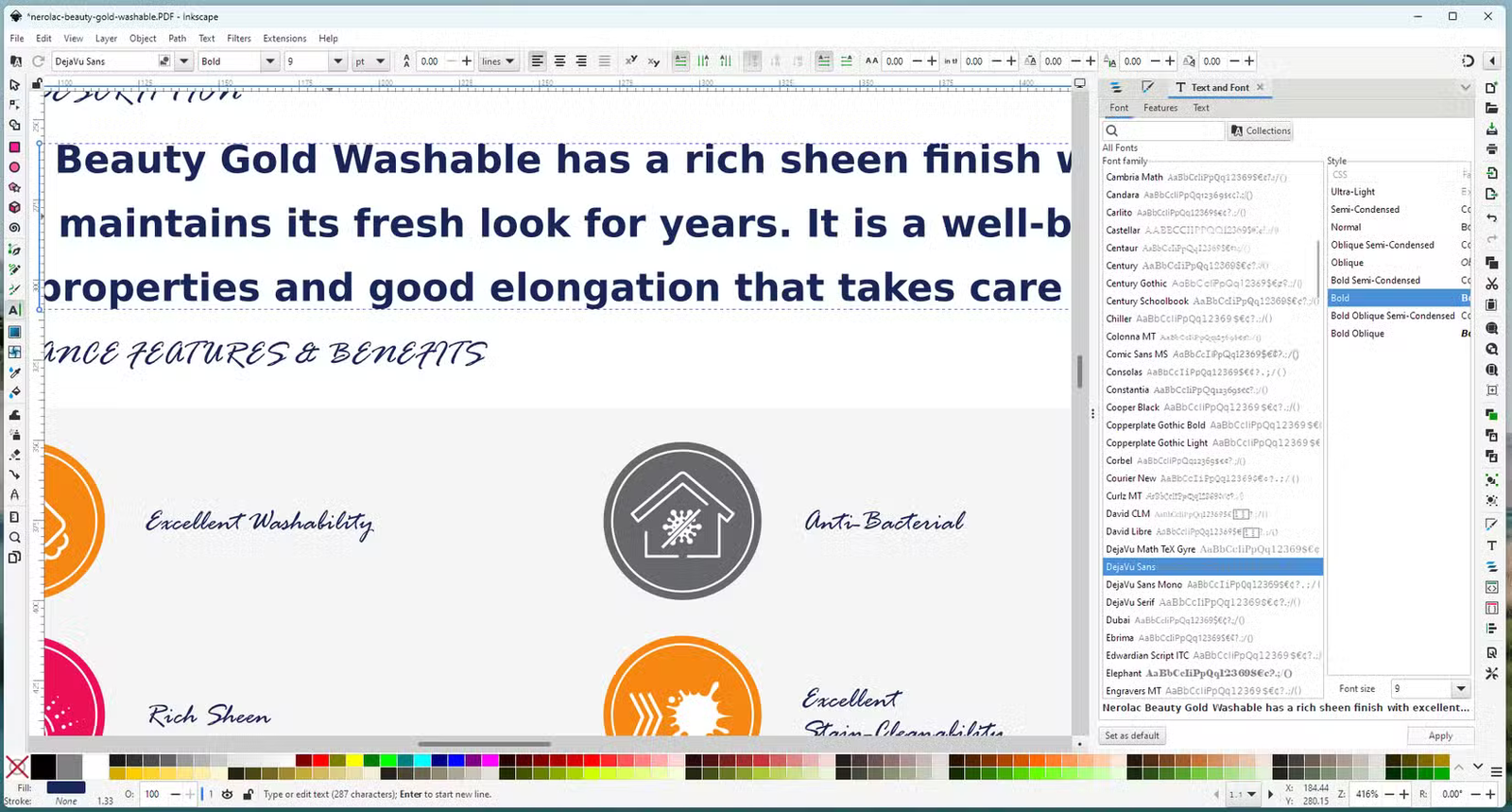 Une capture d'écran montrant Inkscape éditant un fichier PDF. 
